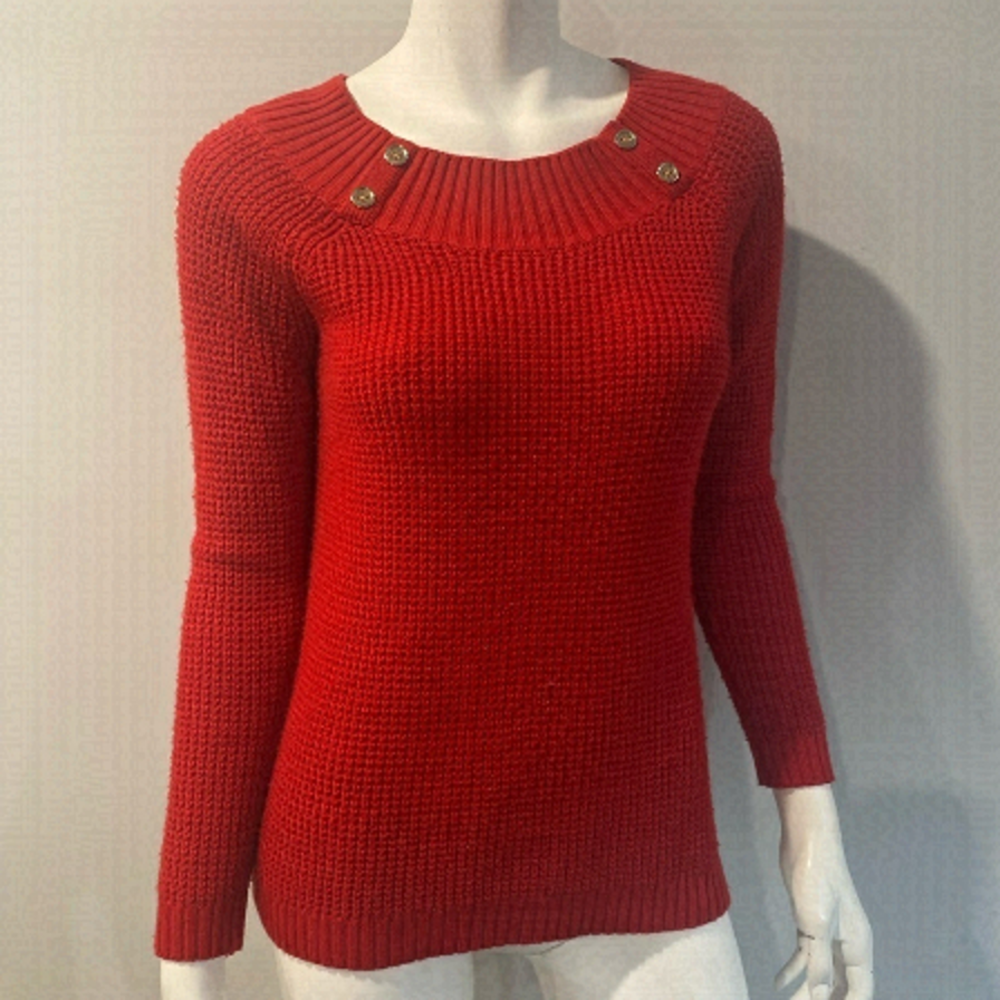 Jones New York Petite Small Red Knit Sweater Button Detail